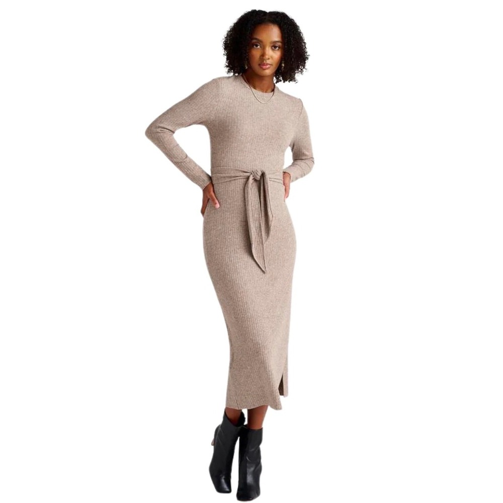 Splendid Ribbed Tie Waist Maxi Dress Women Medium Beige Long Sleeve Side Slit